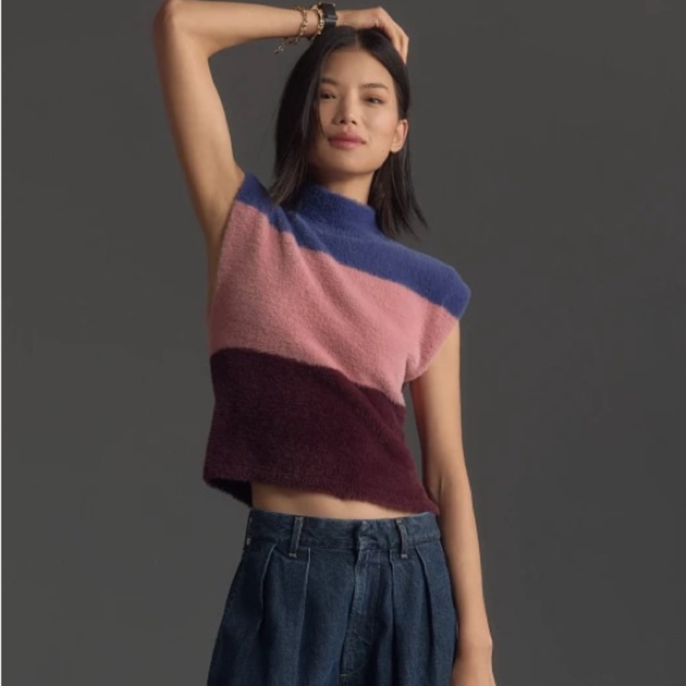 Anthropologie‎ Maeve Colorblock Eyelash Sweater Vest Pink Combo NWT